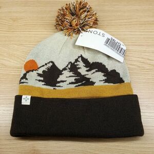 SUN + STONE Mens Beanie Hat Brown Cream Mountain Pom Pom Cuff Stretch Knit